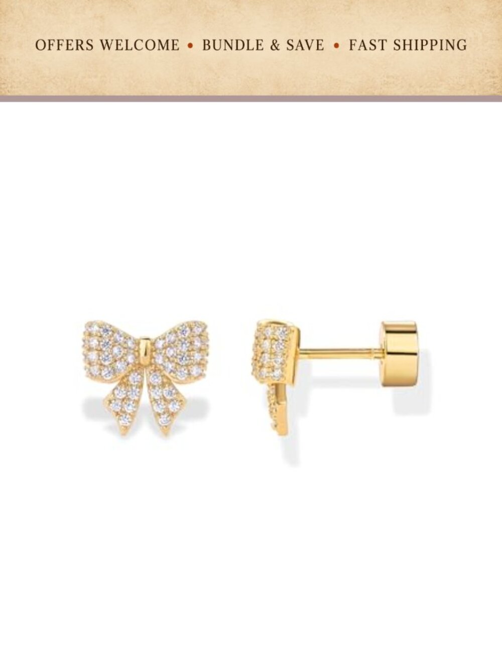 14K Gold Plated Cubic Zirconia Bow Flat Back Earrings Screw Back Hypoallergenic